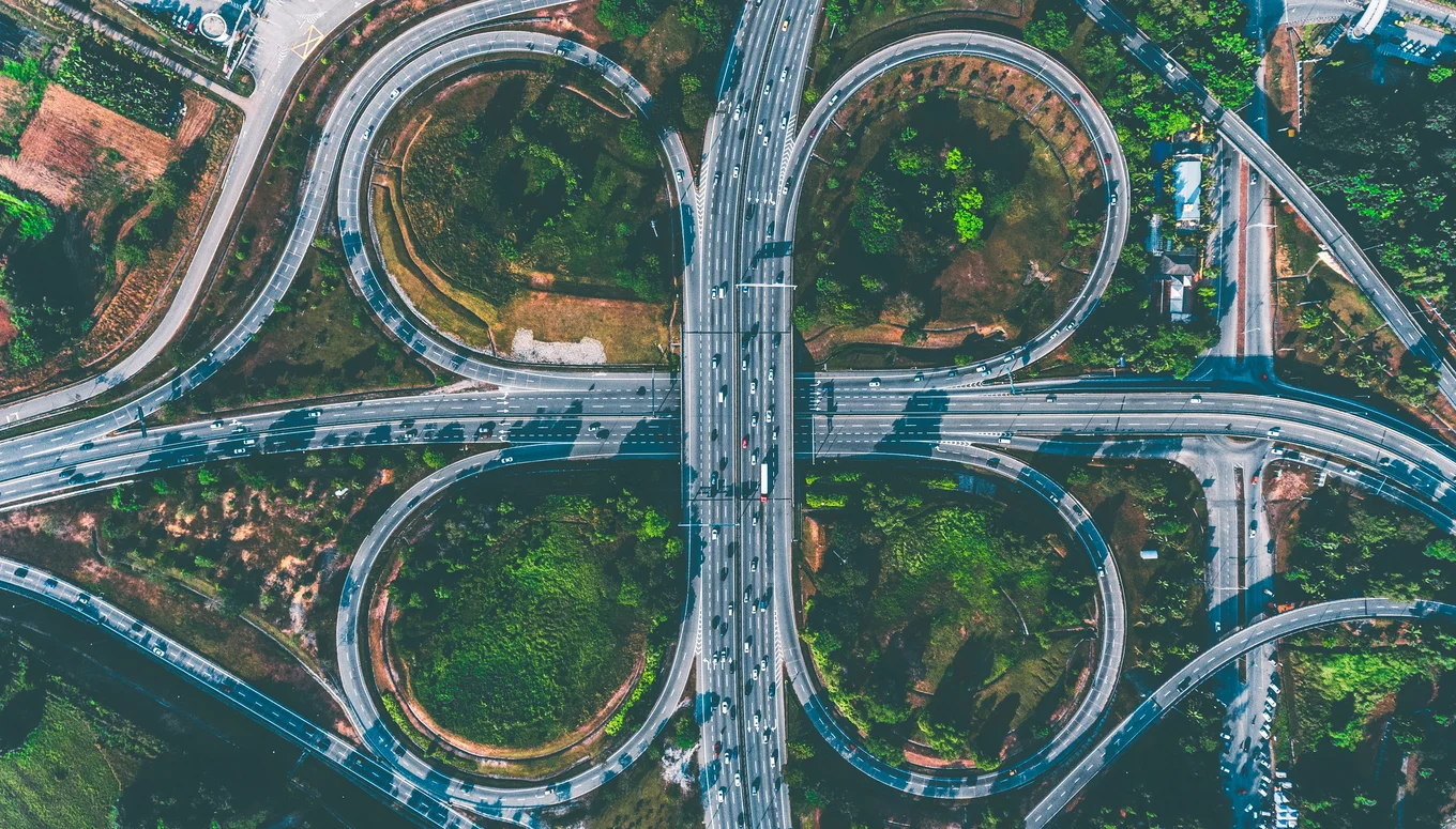 An overhead drone image of a large motorway intersection